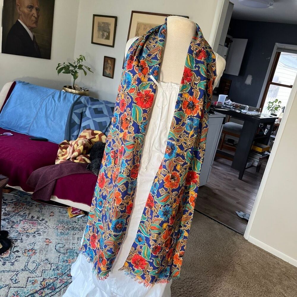 VTG Silk Scarf Jewel Tone Floral Gold Accents Long Fringe Wrap 80x10